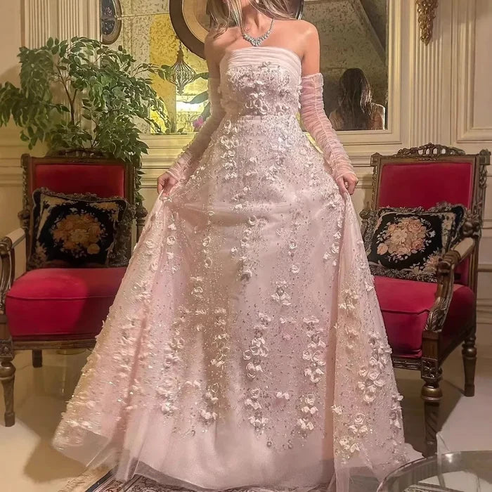 Elegant Pink 3D Flowers Evening Dress with Gloves LA72912 - SERENE HILL