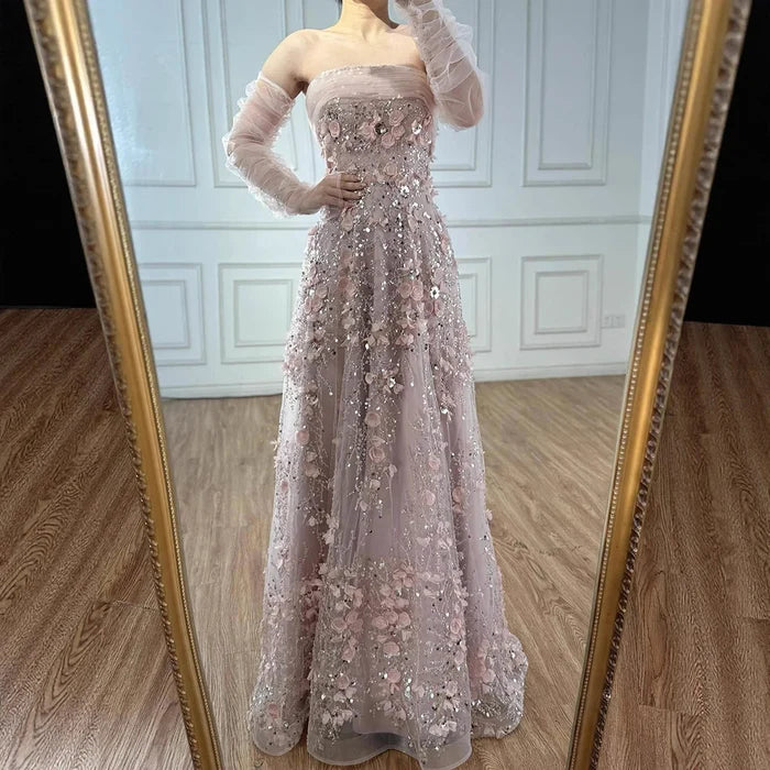 Elegant Pink 3D Flowers Evening Dress with Gloves LA72912 - SERENE HILL