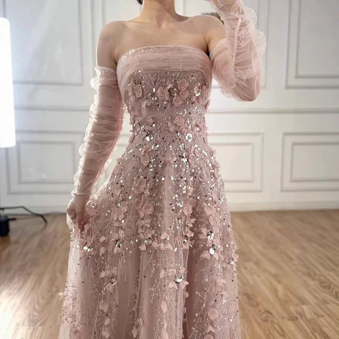 Elegant Pink 3D Flowers Evening Dress with Gloves LA72912 - SERENE HILL