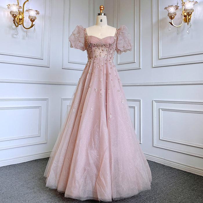Elegant Pink A-Line Beaded Short Sleeve Evening Gown with Lace-Up Back LA71773 - SERENE HILL