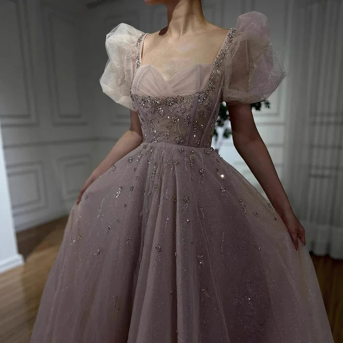 Elegant Pink A-Line Beaded Short Sleeve Evening Gown with Lace-Up Back LA71773 - SERENE HILL