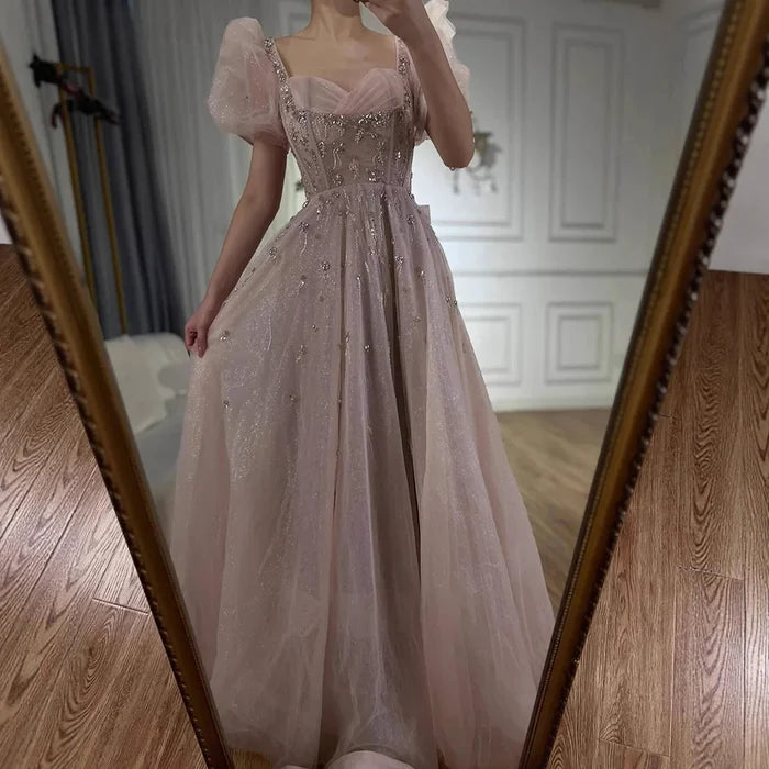 Elegant Pink A-Line Beaded Short Sleeve Evening Gown with Lace-Up Back LA71773 - SERENE HILL