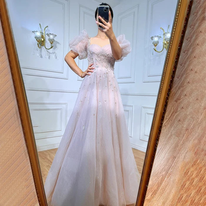Elegant Pink A-Line Beaded Short Sleeve Evening Gown with Lace-Up Back LA71773 - SERENE HILL