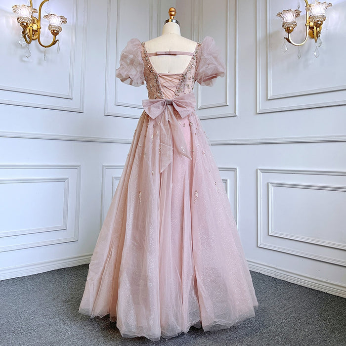 Elegant Pink A-Line Beaded Short Sleeve Evening Gown with Lace-Up Back LA71773 - SERENE HILL
