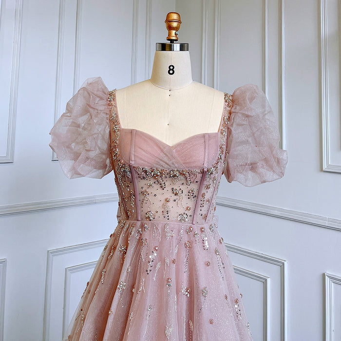 Elegant Pink A-Line Beaded Short Sleeve Evening Gown with Lace-Up Back LA71773 - SERENE HILL