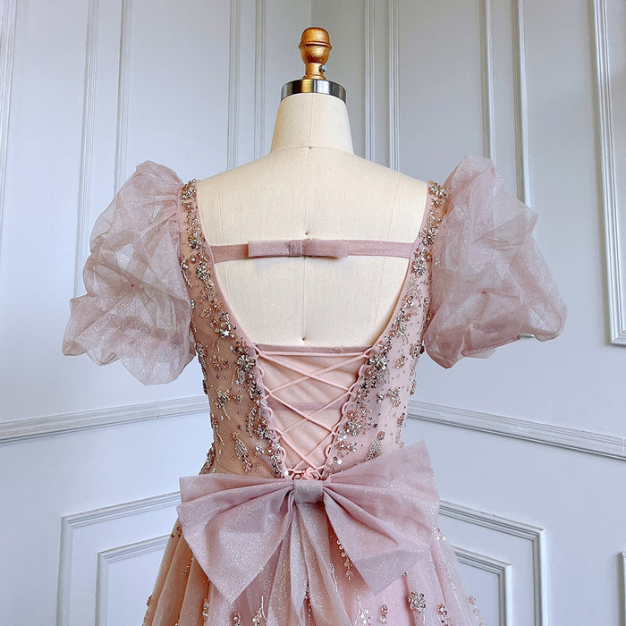 Elegant Pink A-Line Beaded Short Sleeve Evening Gown with Lace-Up Back LA71773 - SERENE HILL