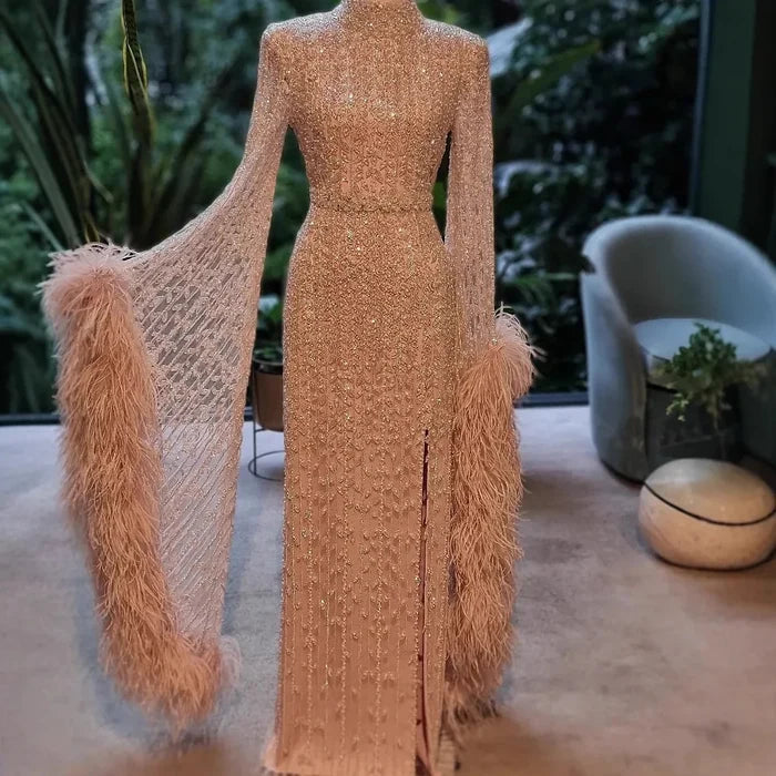 Elegant Rose Gold Evening Dress Featuring Feathered Cape Sleeves LA72947 - SERENE HILL
