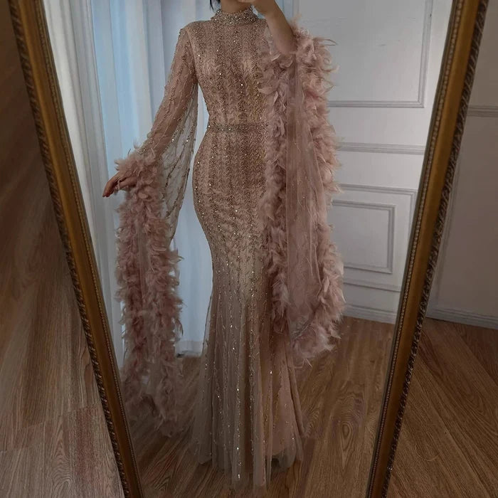 Elegant Rose Gold Evening Dress Featuring Feathered Cape Sleeves LA72947 - SERENE HILL