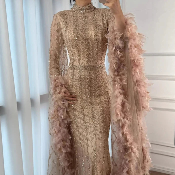 Elegant Rose Gold Evening Dress Featuring Feathered Cape Sleeves LA72947 - SERENE HILL