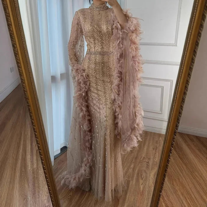 Elegant Rose Gold Evening Dress Featuring Feathered Cape Sleeves LA72947 - SERENE HILL