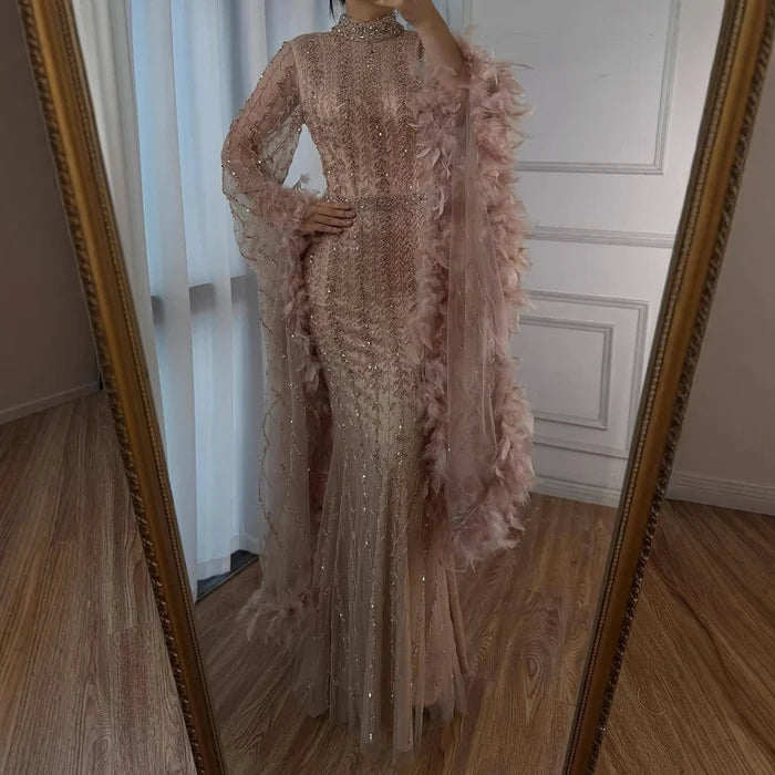 Elegant Rose Gold Evening Dress Featuring Feathered Cape Sleeves LA72947 - SERENE HILL