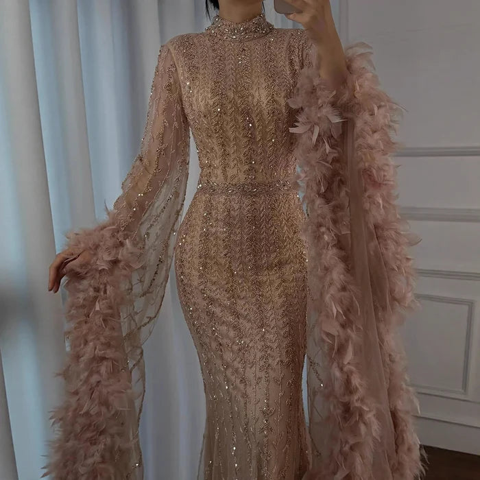 Elegant Rose Gold Evening Dress Featuring Feathered Cape Sleeves LA72947 - SERENE HILL
