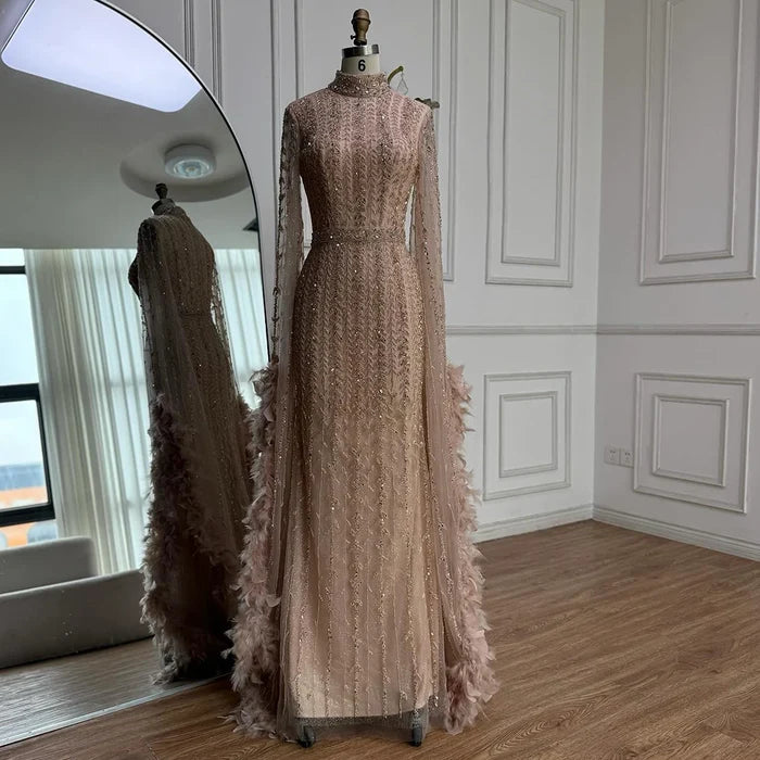 Elegant Rose Gold Evening Dress Featuring Feathered Cape Sleeves LA72947 - SERENE HILL