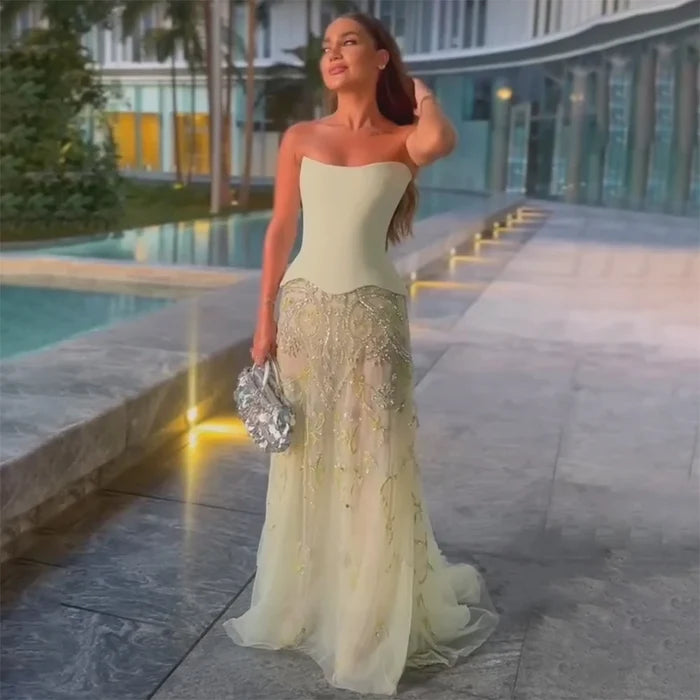 Elegant Sage Green Beaded A-Line Evening Dress Gown LA72809 - SERENE HILL