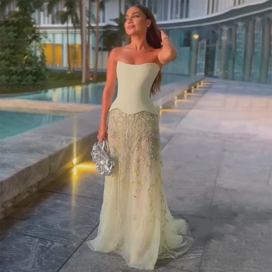 Elegant Sage Green Beaded A-Line Evening Dress Gown LA72809 - SERENE HILL