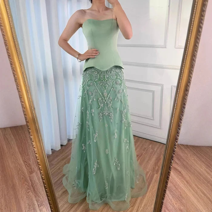 Elegant Sage Green Beaded A-Line Evening Dress Gown LA72809 - SERENE HILL