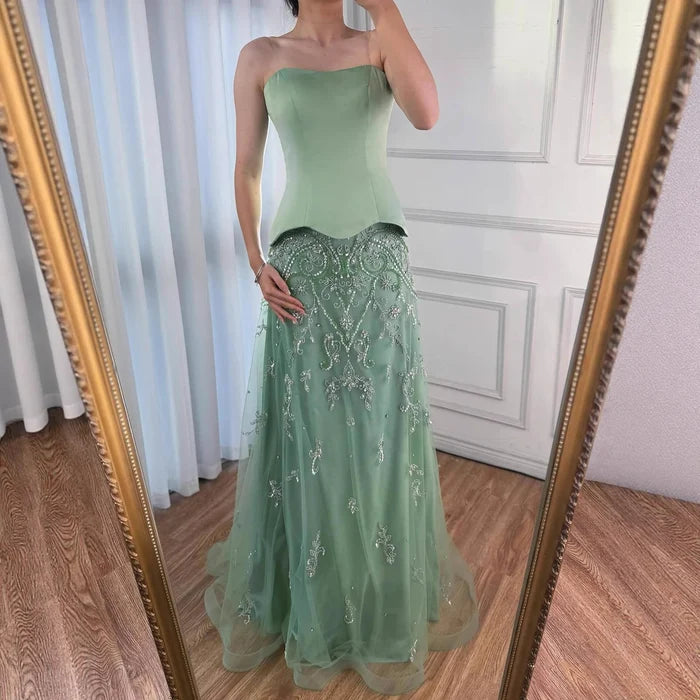 Elegant Sage Green Beaded A-Line Evening Dress Gown LA72809 - SERENE HILL