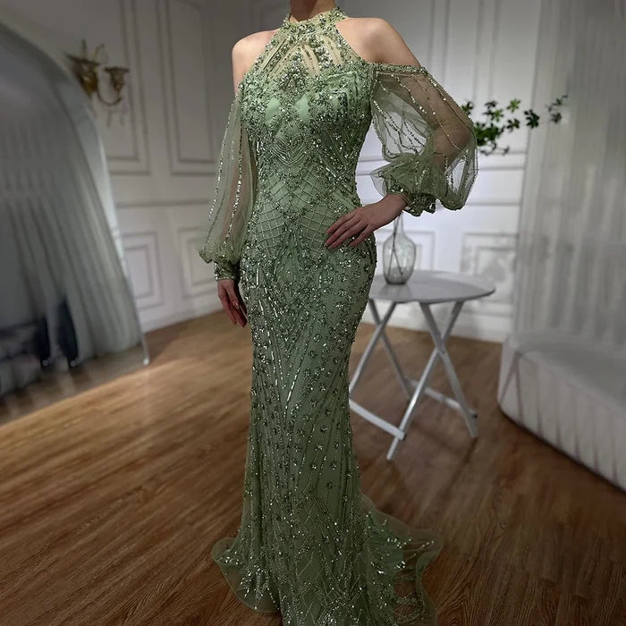Elegant Sage Green Halter Neck Beaded Evening Dress LA72737 - SERENE HILL