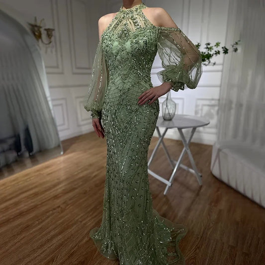 Elegant Sage Green Halter Neck Beaded Evening Dress LA72737 - SERENE HILL
