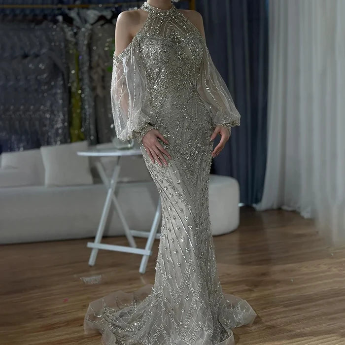 Elegant Sage Green Halter Neck Beaded Evening Dress LA72737 - SERENE HILL