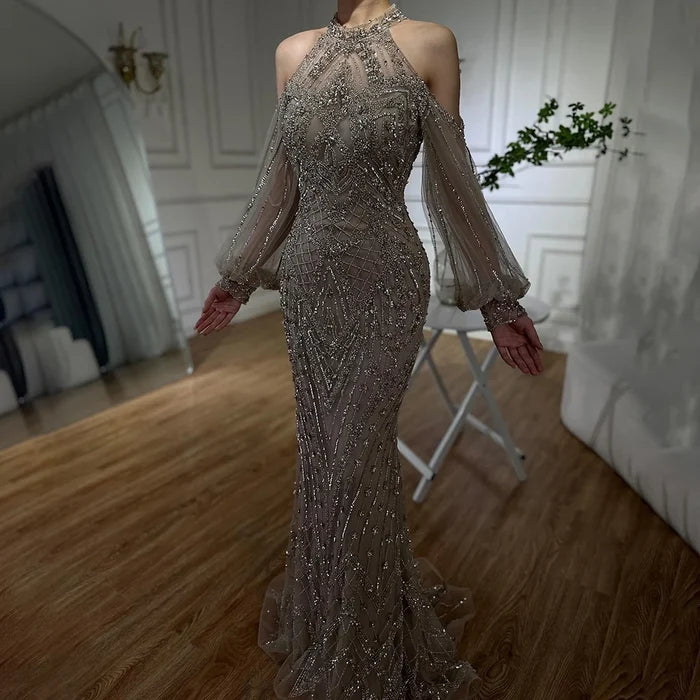 Elegant Sage Green Halter Neck Beaded Evening Dress LA72737 - SERENE HILL