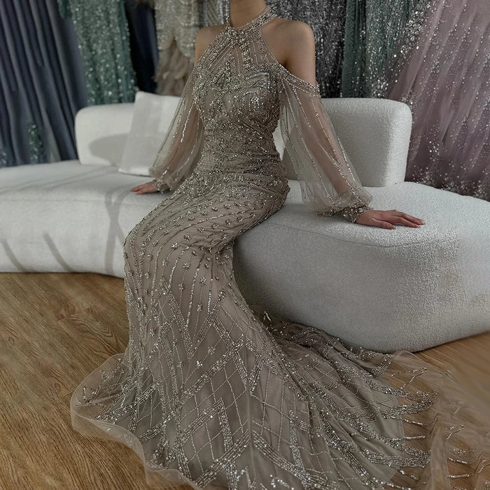 Elegant Sage Green Halter Neck Beaded Evening Dress LA72737 - SERENE HILL