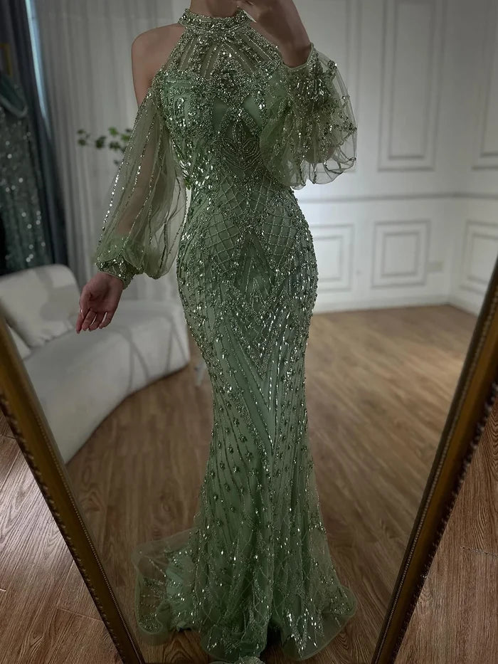 Elegant Sage Green Halter Neck Beaded Evening Dress LA72737 - SERENE HILL
