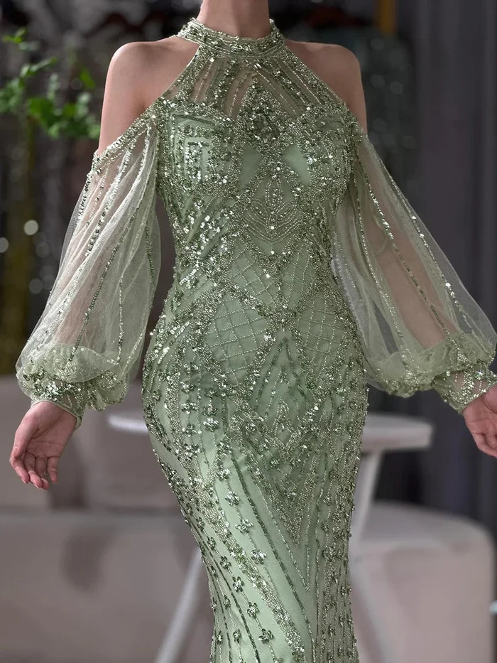 Elegant Sage Green Halter Neck Beaded Evening Dress LA72737 - SERENE HILL