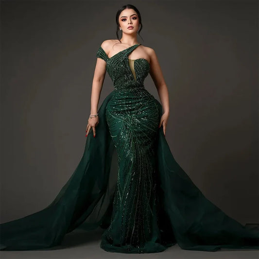 Emerald Green Evening Dress with Overskirt Elegant One Shoulder LA72474 - SERENE HILL