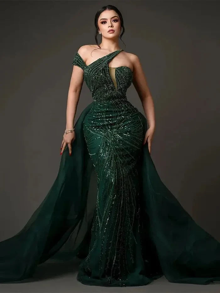 Emerald Green Evening Dress with Overskirt Elegant One Shoulder LA72474 - SERENE HILL