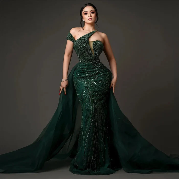Emerald Green Evening Dress with Overskirt Elegant One Shoulder LA72474 - SERENE HILL