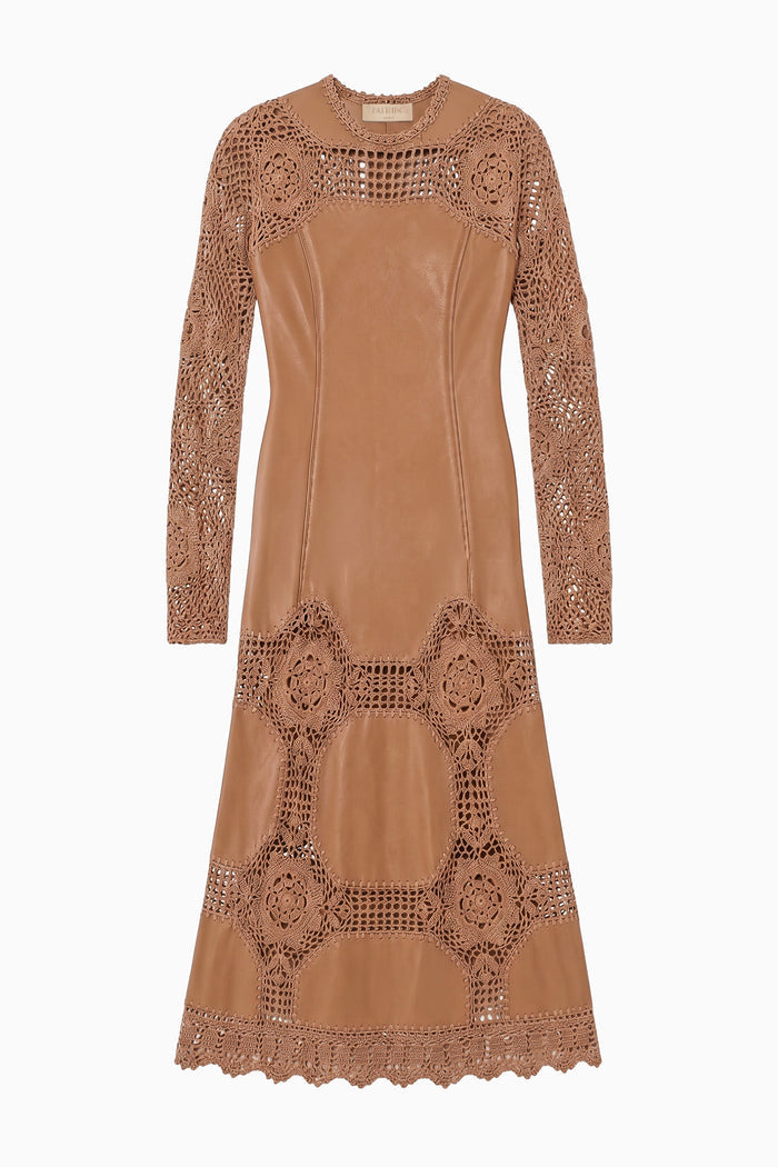 Emi Long Sleeve Crochet & Leather Dress - Camel