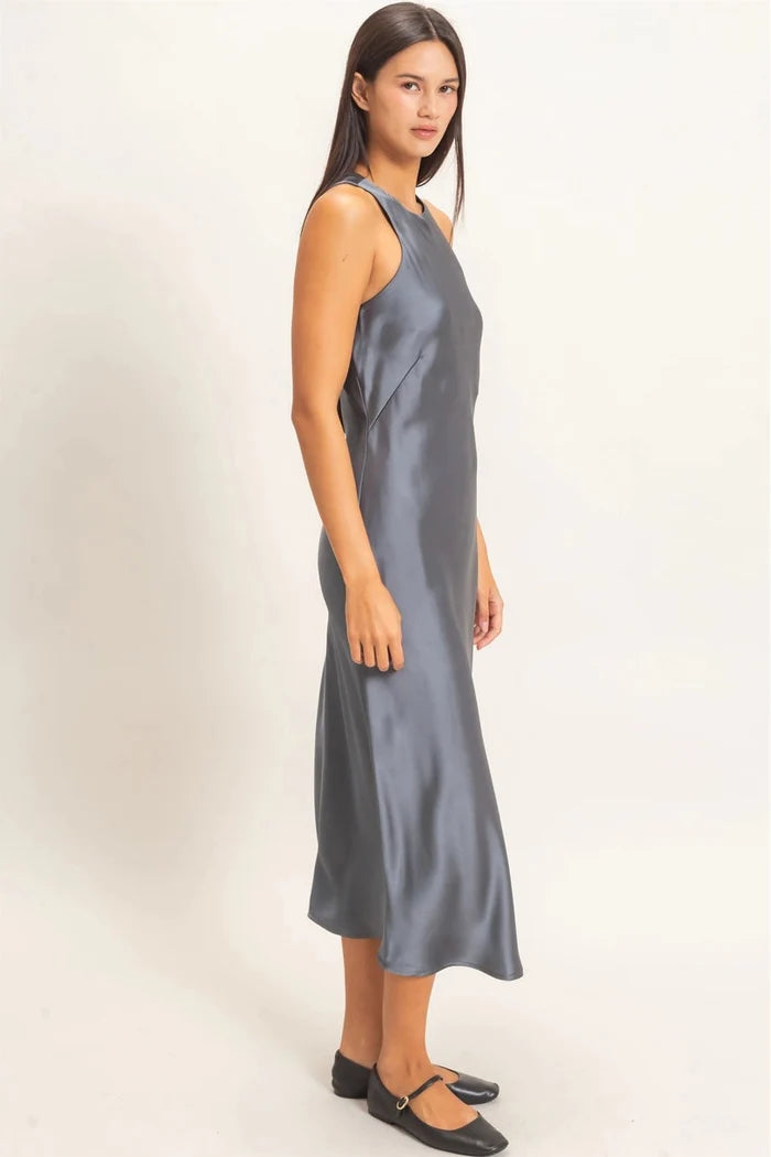 Evelyn Satin High-Neck Midi Dress