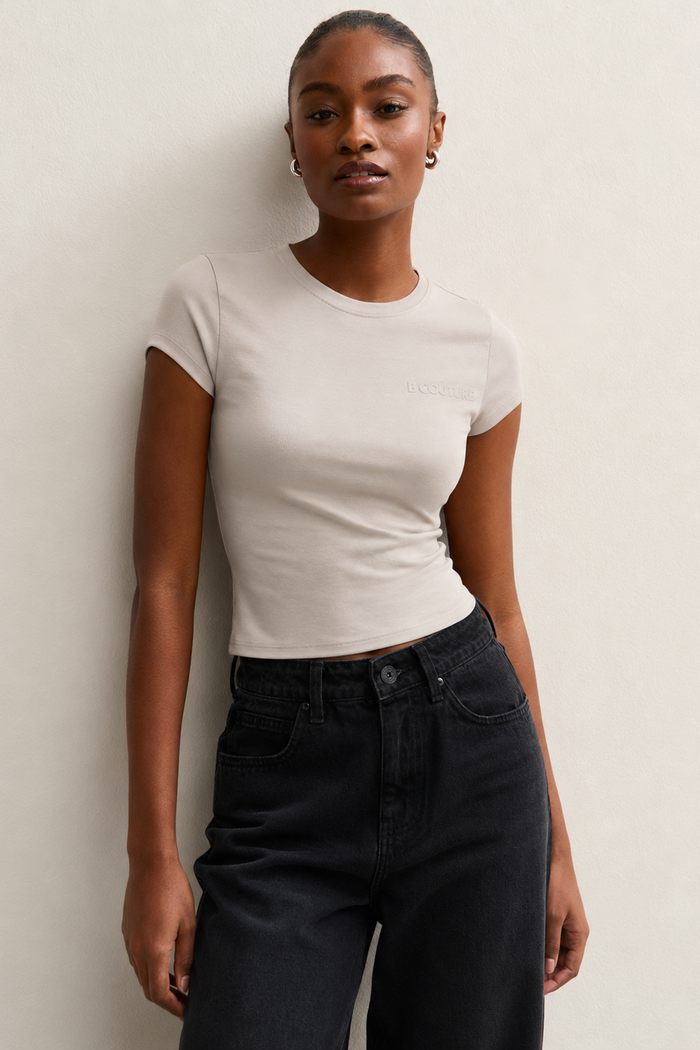 Fitted Short Sleeve Stretch Cotton T-Shirt - Stone