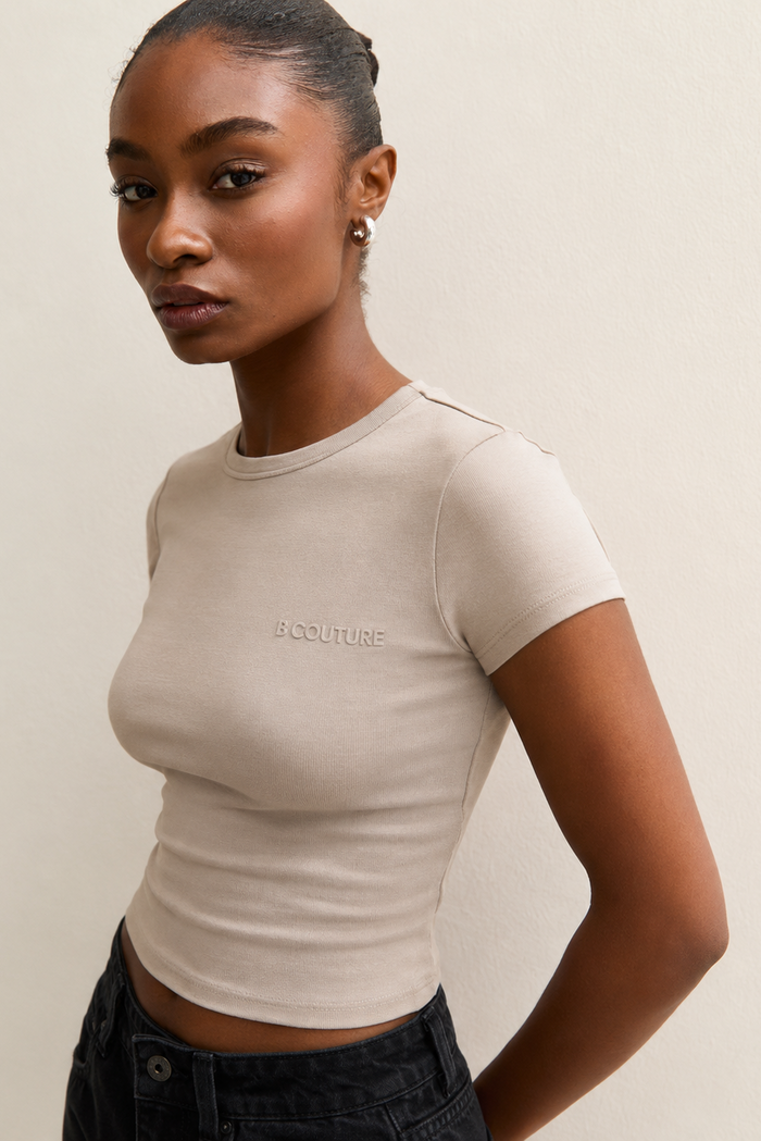 Fitted Short Sleeve Stretch Cotton T-Shirt - Stone