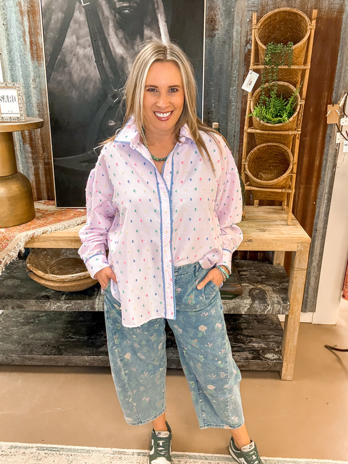 FLORAL PRINTED BARREL PANTS, WASHED DENIM