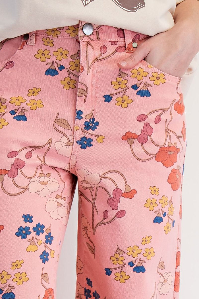 FLORAL STRETCH TWILL PANTS, CORAL PINK
