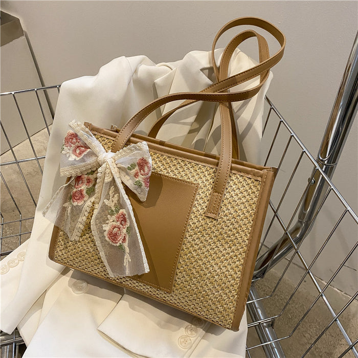 Flower Embroidery Woven Tote Bags - Fashionnsio
