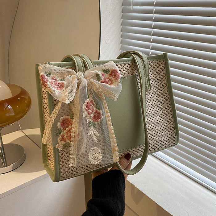 Flower Embroidery Woven Tote Bags - Fashionnsio