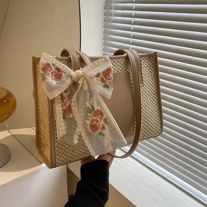 Flower Embroidery Woven Tote Bags - Fashionnsio