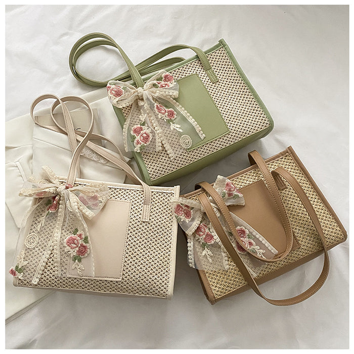 Flower Embroidery Woven Tote Bags - Fashionnsio