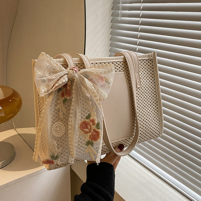 Flower Embroidery Woven Tote Bags - Fashionnsio