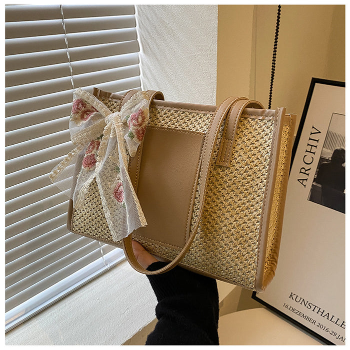 Flower Embroidery Woven Tote Bags - Fashionnsio