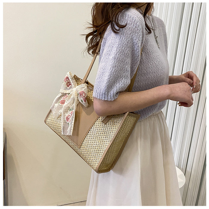 Flower Embroidery Woven Tote Bags - Fashionnsio
