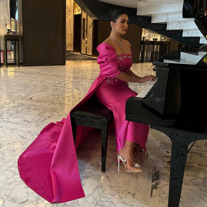 Fuchsia Mermaid Dubai Luxury Evening Dresses with Cape Shawl LA71896 - SERENE HILL