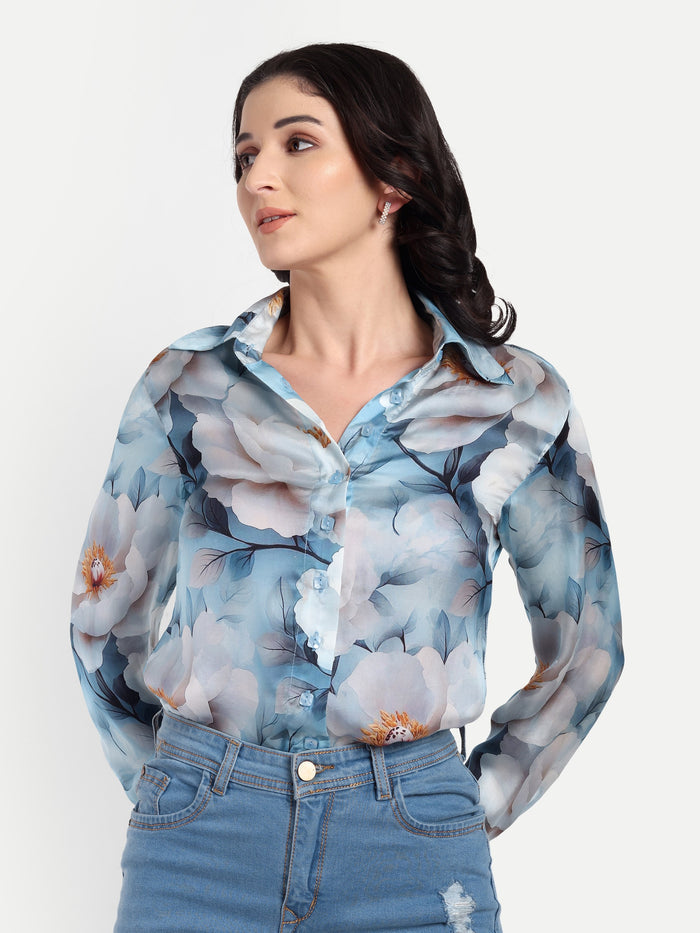 Women’s blue floral Gengy top with shirt style, full sleeves and elegant stylish design