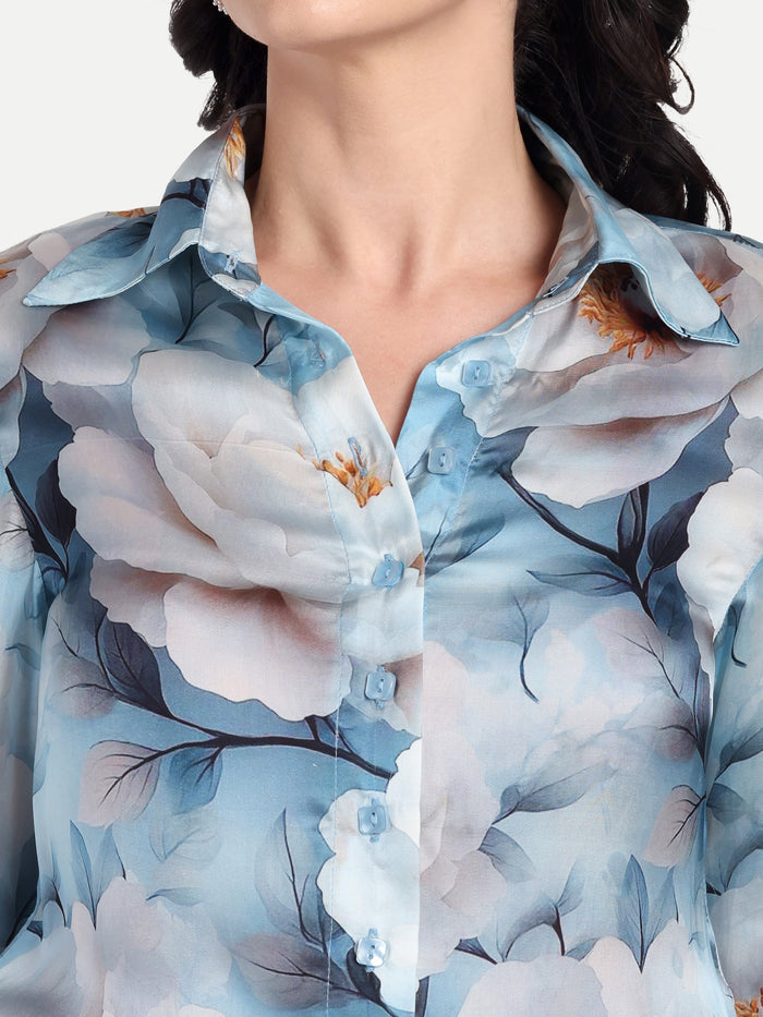 Women’s blue floral Gengy top with shirt style, full sleeves and elegant stylish design