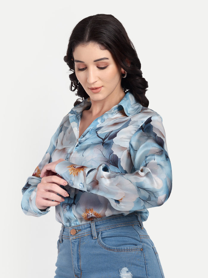 Women’s blue floral Gengy top with shirt style, full sleeves and elegant stylish design