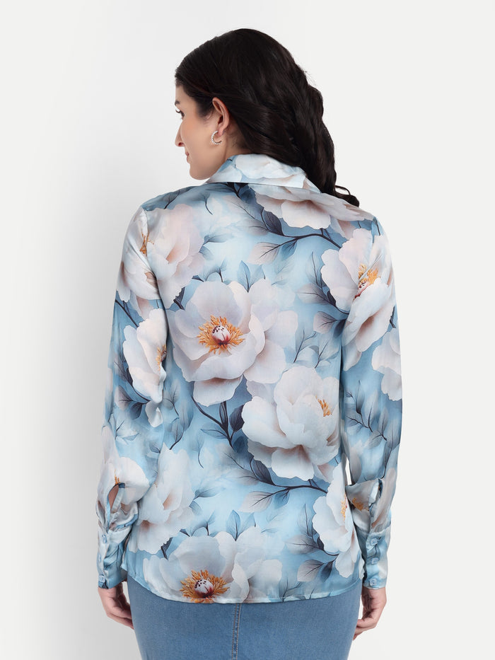 Women’s blue floral Gengy top with shirt style, full sleeves and elegant stylish design