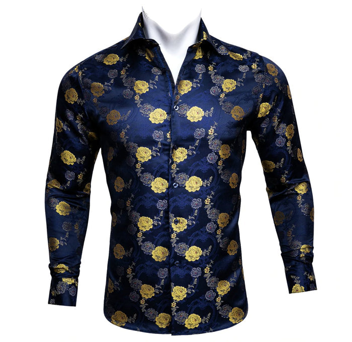 Gold Blue Floral Silk Mens Shirts. CY-0052 - SimonVon Shop